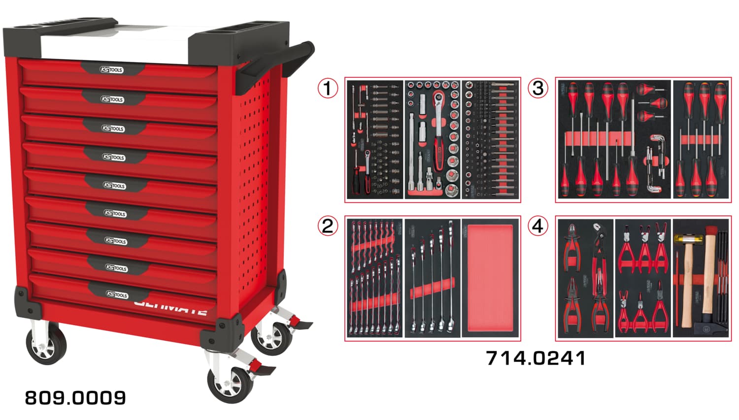 Servante ULTIMATE rouge 9 tiroirs équipée de 241 outils