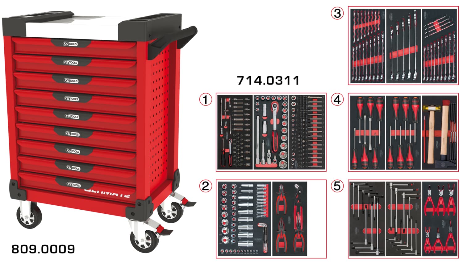 Servante ULTIMATE rouge 9 tiroirs équipée de 311 outils