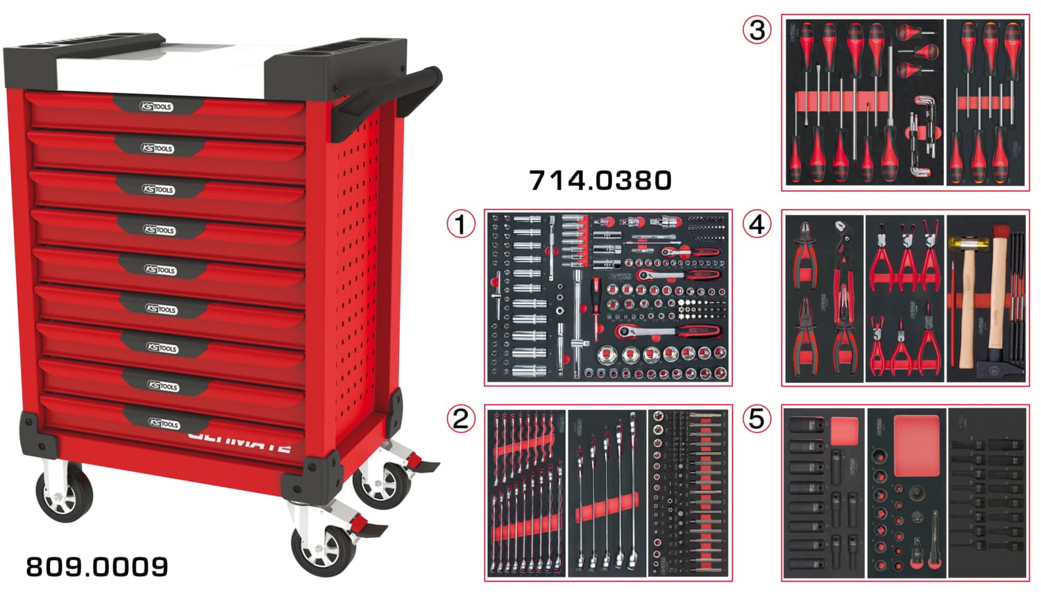 Servante ULTIMATE rouge 9 tiroirs équipée de 384 outils