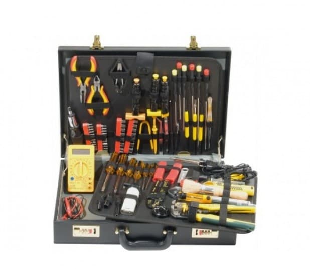 Malette complète de 80 outils, sous forme d'attaché-case simili cuir avec serrur