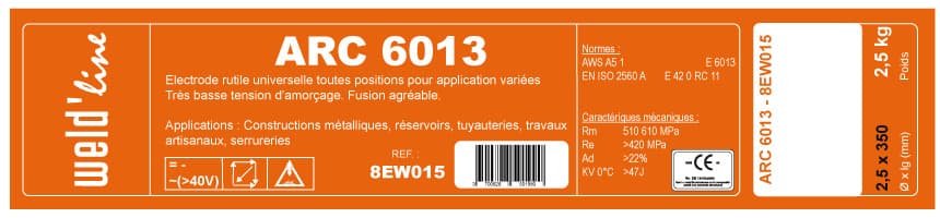 ELECTRODE WELD'line 6013 2.5X350 2,5KG Condition de vente : 2,5