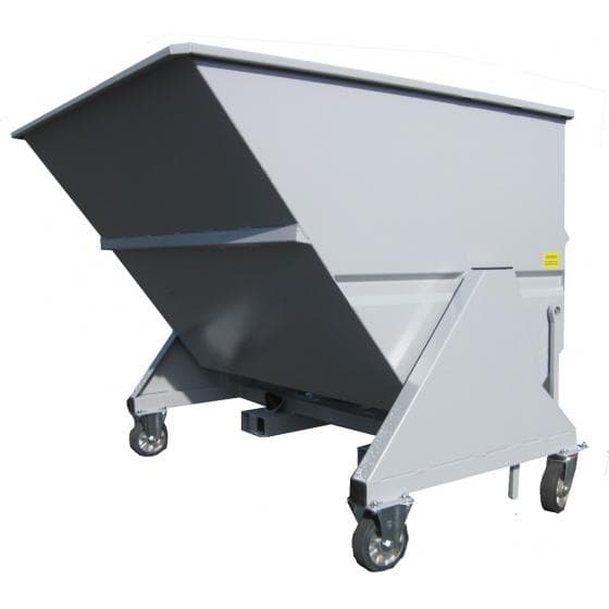 Benne basculante sur roulettes, capacité 1600 litres, charge admissible 1200 kg.