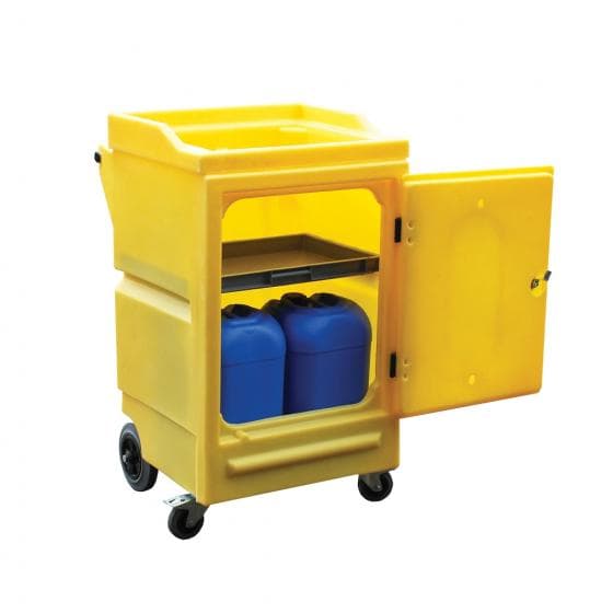 Chariot polyéthylène, rétention 45 L, surface de pose sur le haut, porte avec se