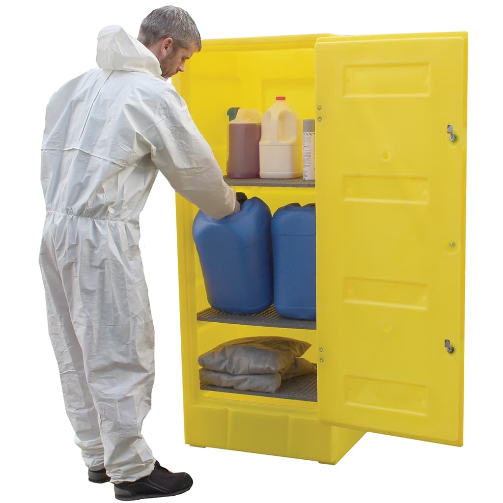 Armoire de stockage (640 x 570 x 1650 mm) en polyéthylène jaune, avec serrure.