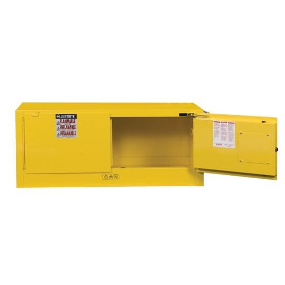 Sur armoire de sécurité jaune pour produits inflammables,