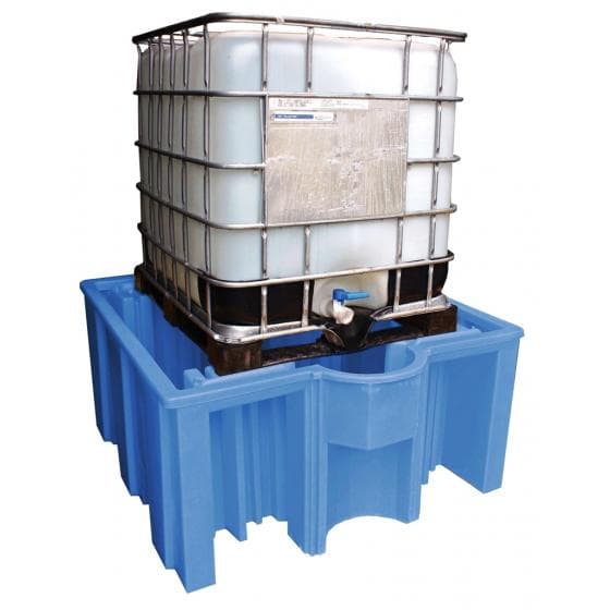 Bac PEHD pour 1 IBC ou 1 palette 1200 x 1000 mm. Sans caillebotis. Capacité de r