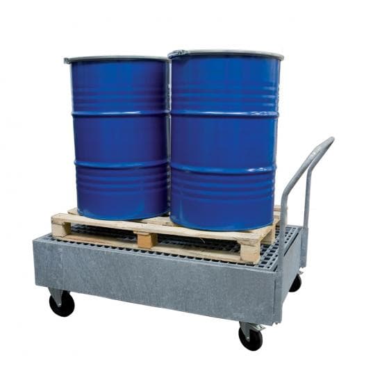 Chariot acier, acier galvanisé, rétention de 220 litres. Caillebotis amovible ga