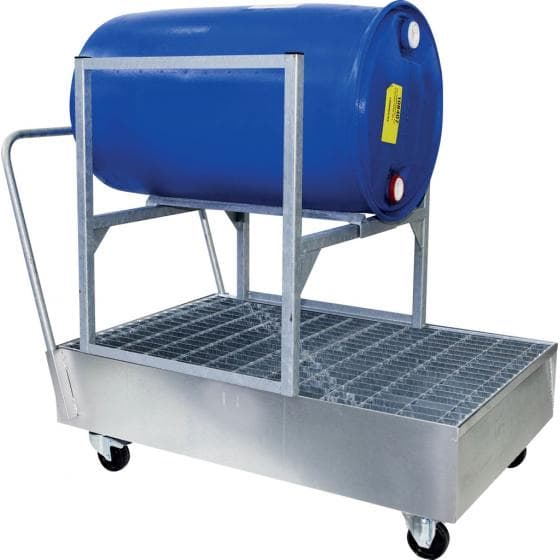 Chariot acier galvanisé à chaud pour fût couché, rétention de 220 litres.