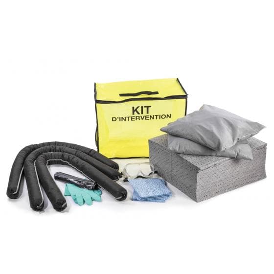 Kit d'intervention pour tous liquides, capacité d'absorption 90 litres. Contenan