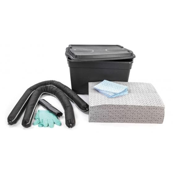 Kit d'intervention pour tous liquides, capacité d'absorption 50 litres. Contenan
