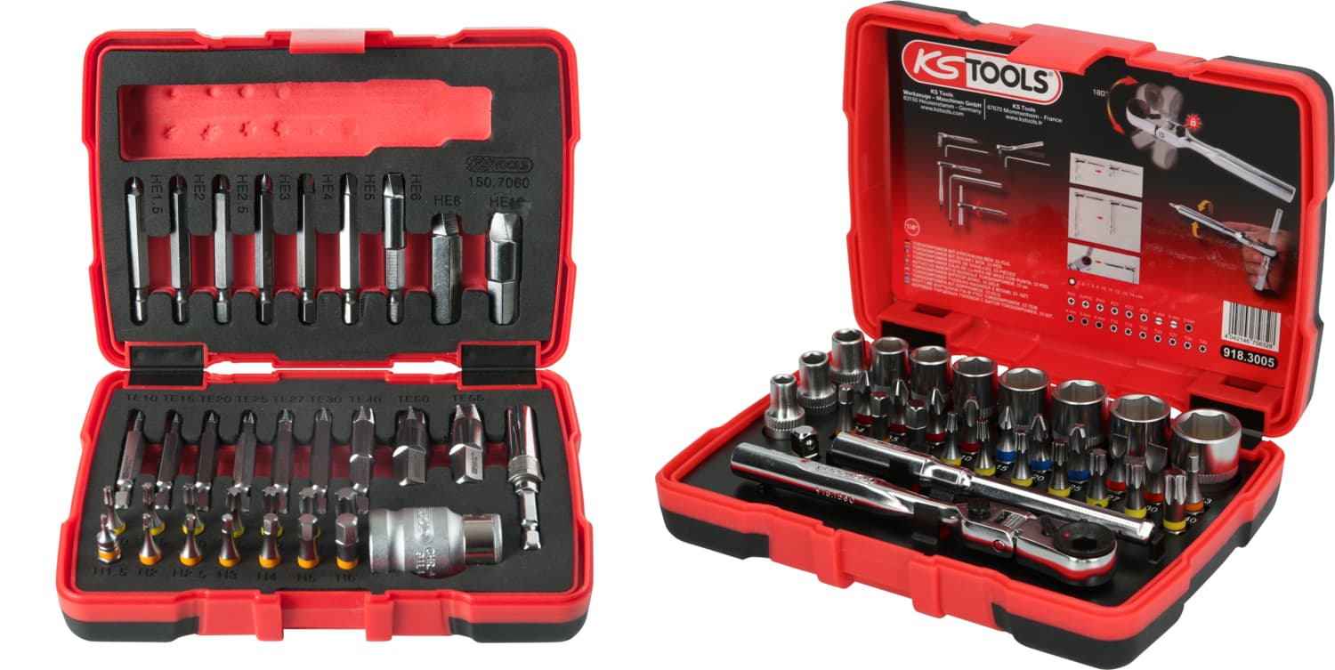 Jeu d'embouts et douilles 1-4'' + Coffret d'extraction pour vis TORX® et 6 pans