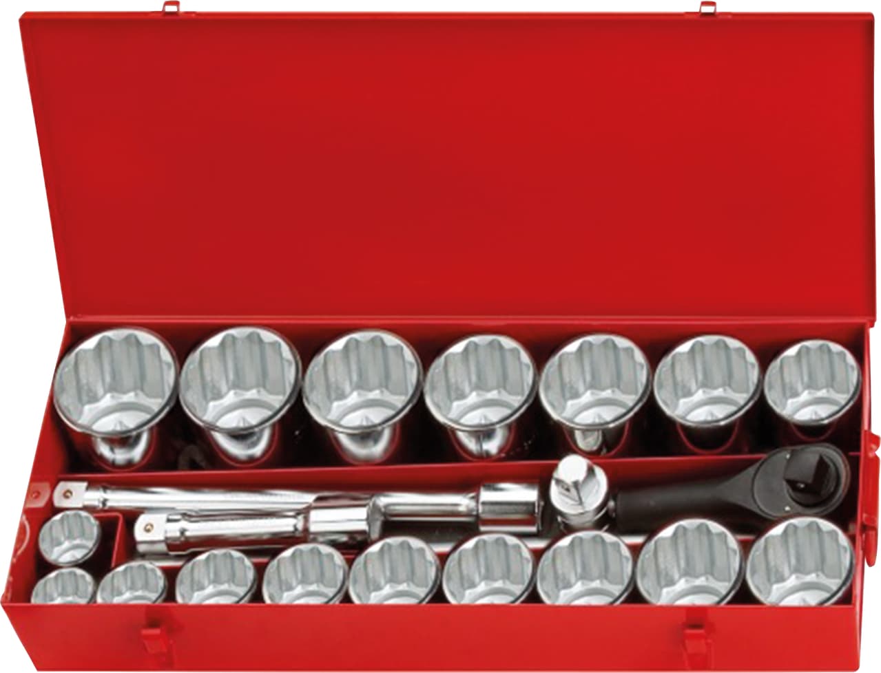 Coffret de douilles et accessoires 12 pans 1’’. 22 pièces