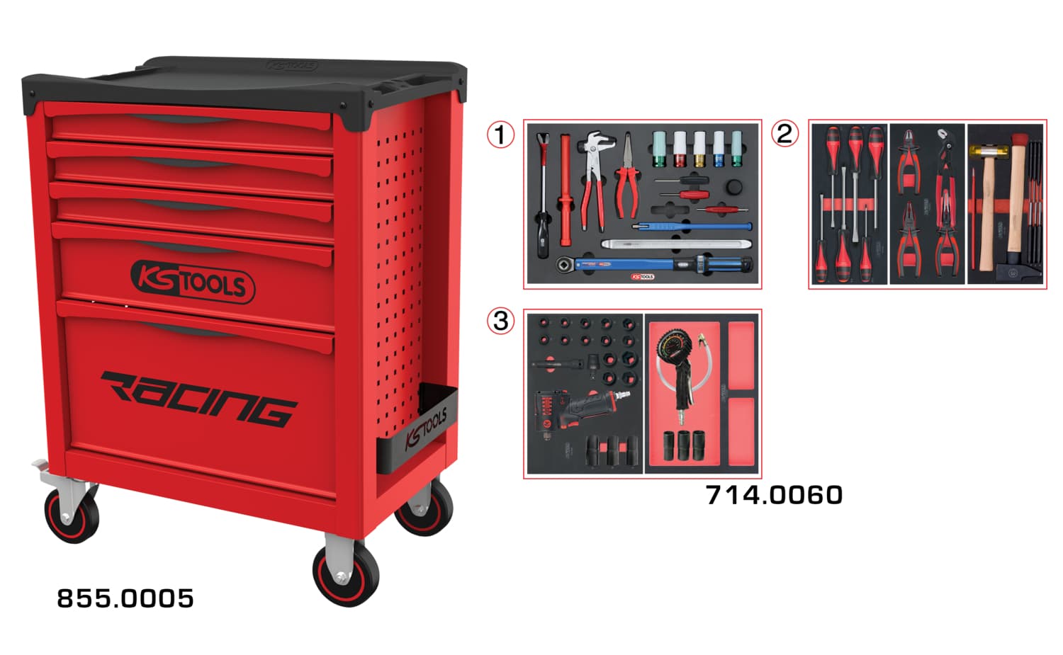Servante RACING 5 tiroirs équipée de 60 outils - spéciale Roue