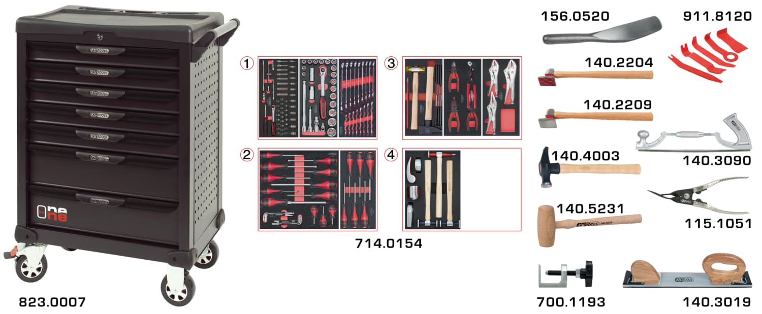 Servante OnebyOne 7 tiroirs composée d’outils pour la carrosserie. 166 pièc