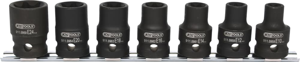 Jeu de douilles à chocs courte TORX® 1-2’’. 7 pièces. E10-E24