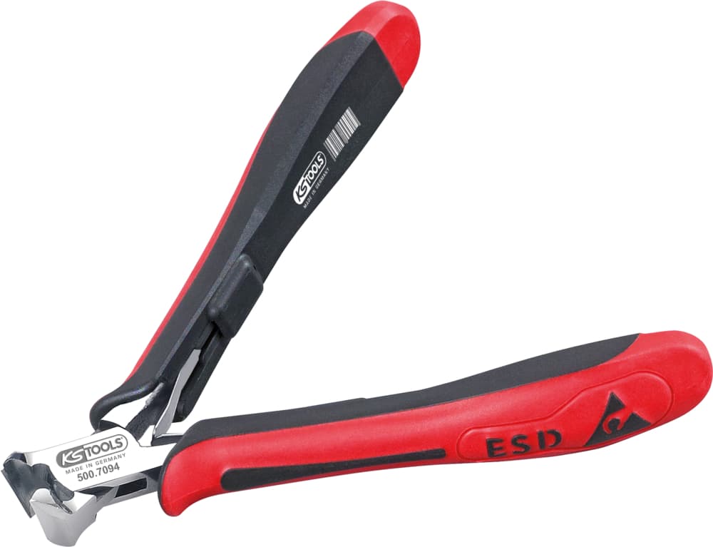Pince ESD coupante frontale avec becs longs finement biseautés. 125 mm