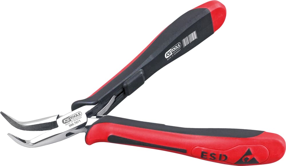Pince ESD à becs coudés demi-ronds striés. 140 mm