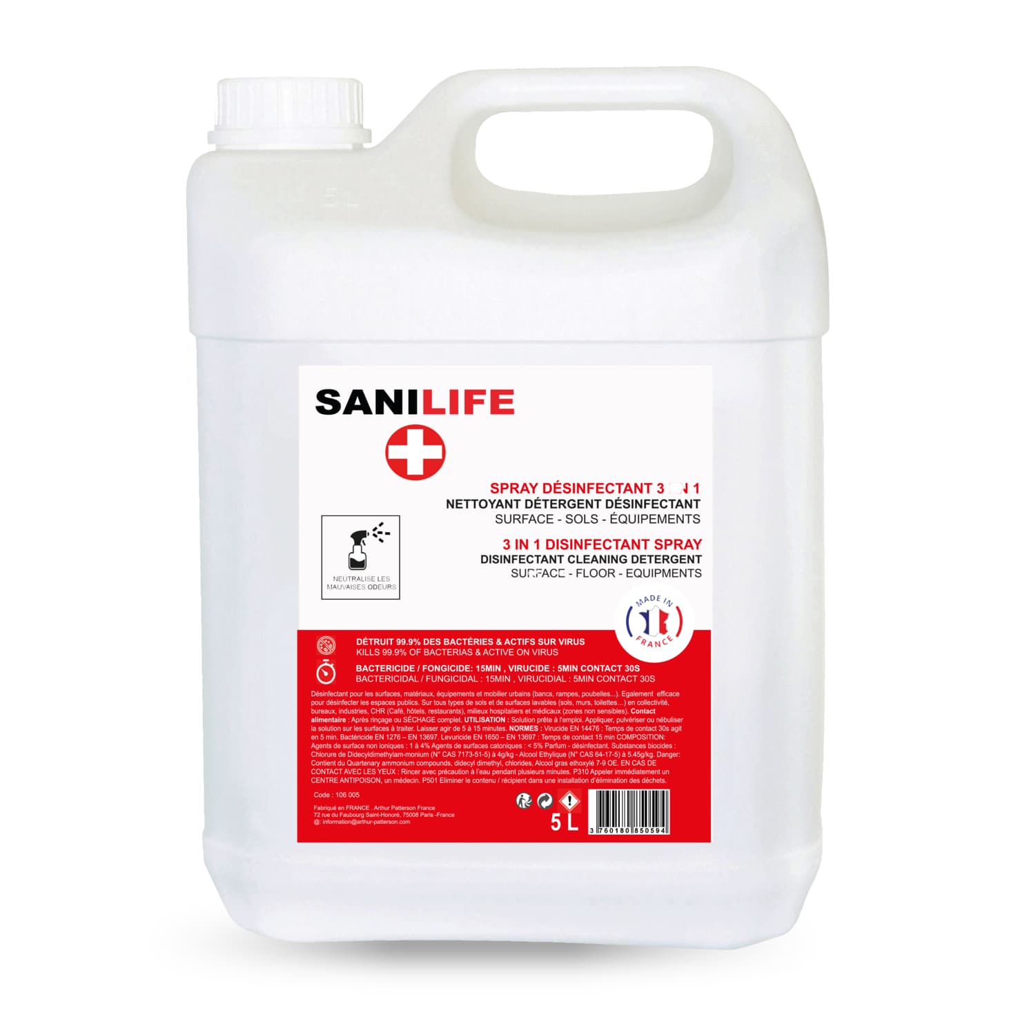 Bidon 3 en 1 désinfectant - détergeant - nettoyant, 5L