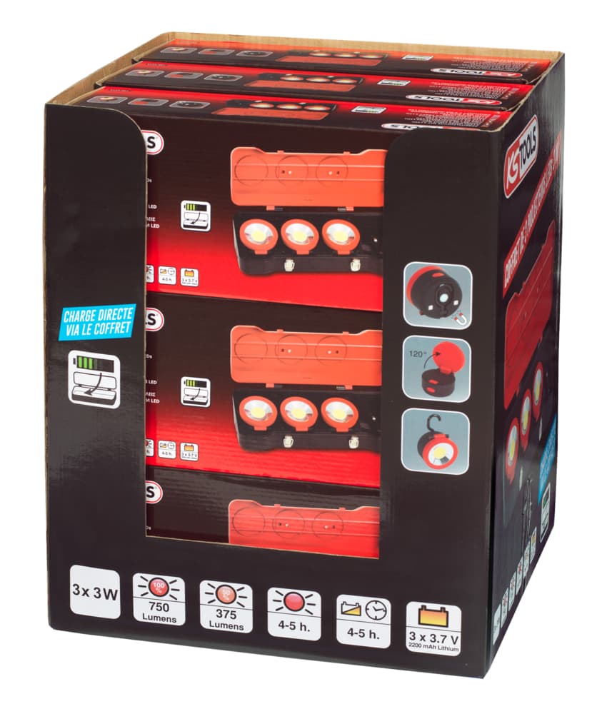 Présentoir de 9 coffrets de 3 projecteurs LEDs 3W