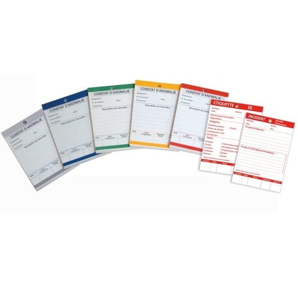 Lot de 100 Fiches CONSTAT D'ANOMALIE Espagnol vert
