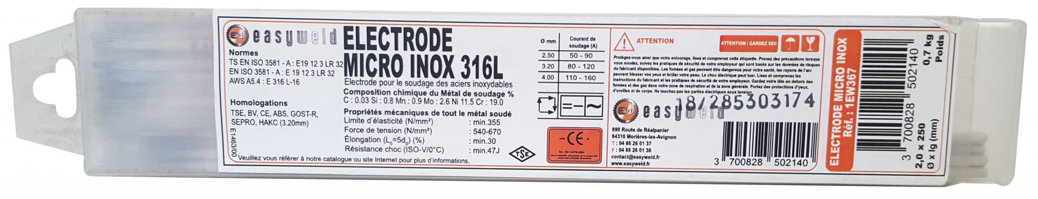 ELECTRODE MICRO INOX 2.0x250 0,7KG 56 pcs Condition de vente : 1