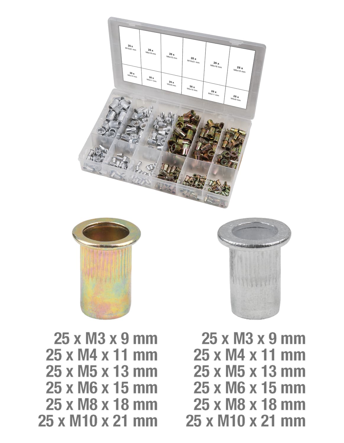 Assortiment d'inserts taraudés acier et aluminium. 300 pcs