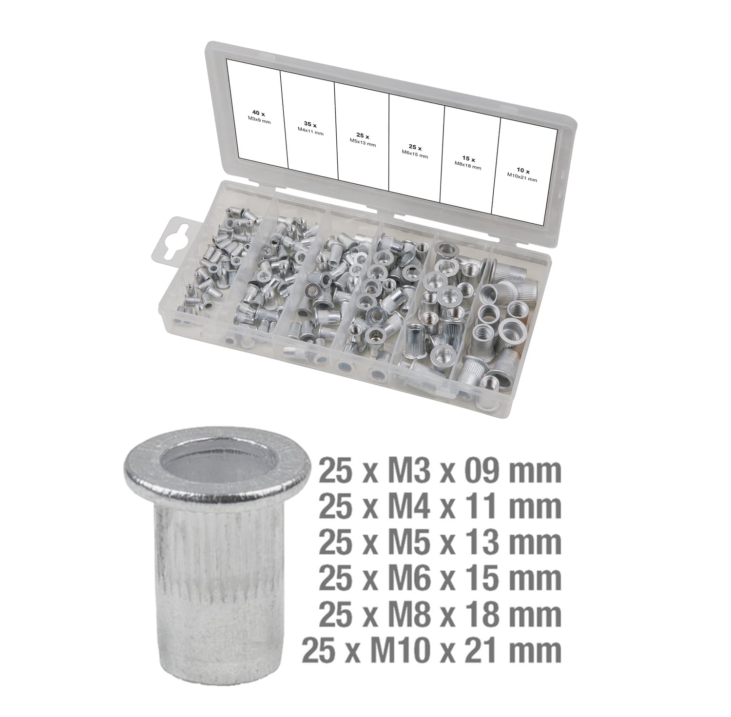 Assortiment d'inserts taraudés aluminium. 150 pcs