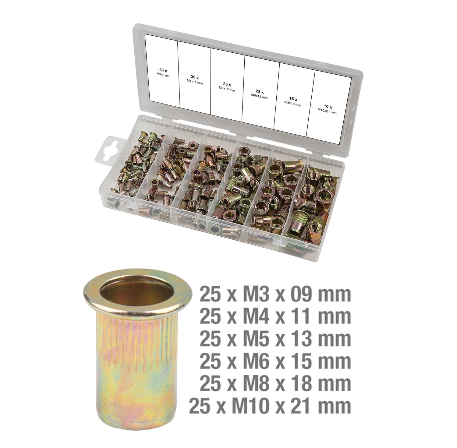 Assortiment d'inserts taraudés acier. 150 pcs
