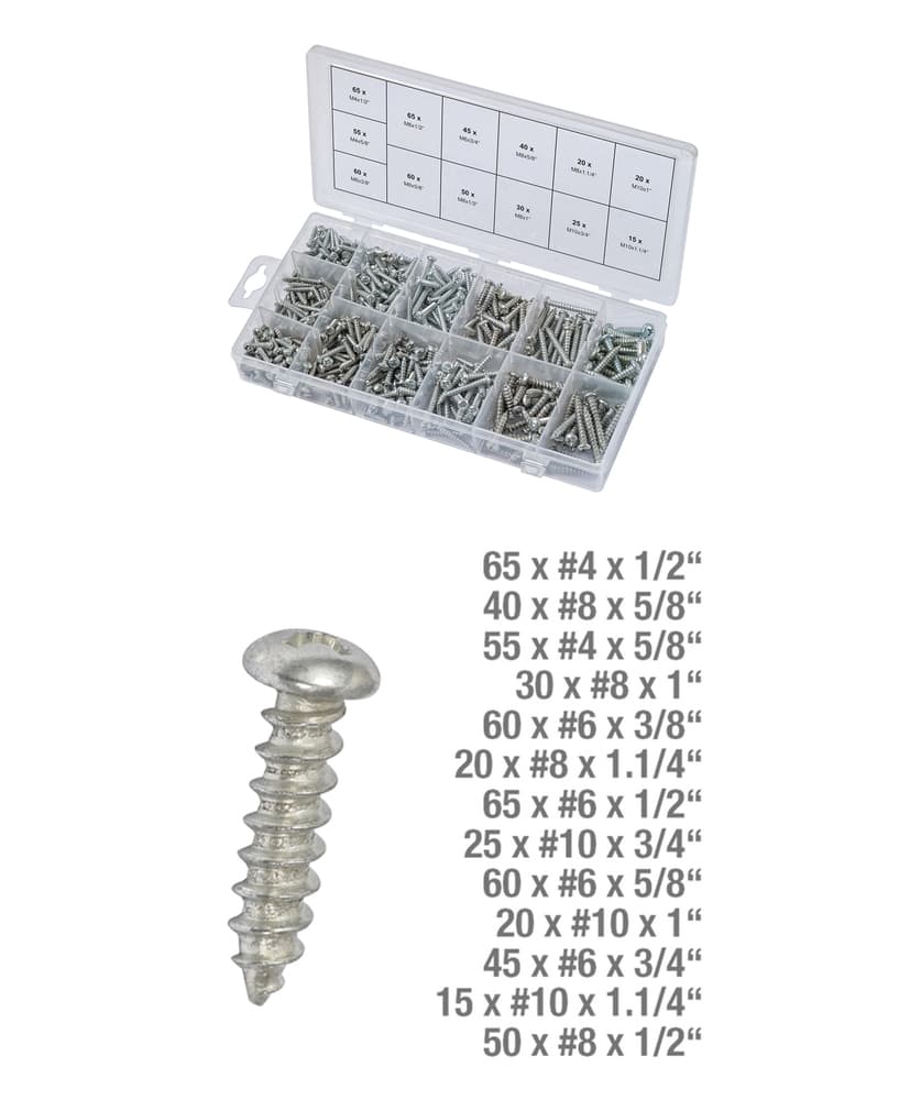 Assortiment de vis auto-taraudeuses à tête ronde. 550 pcs