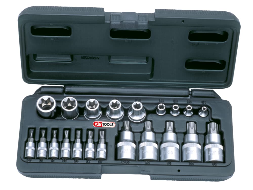 Coffret de douilles et douilles tournevis TORX®. 1-4'' - 1-2''. 21 pièces
