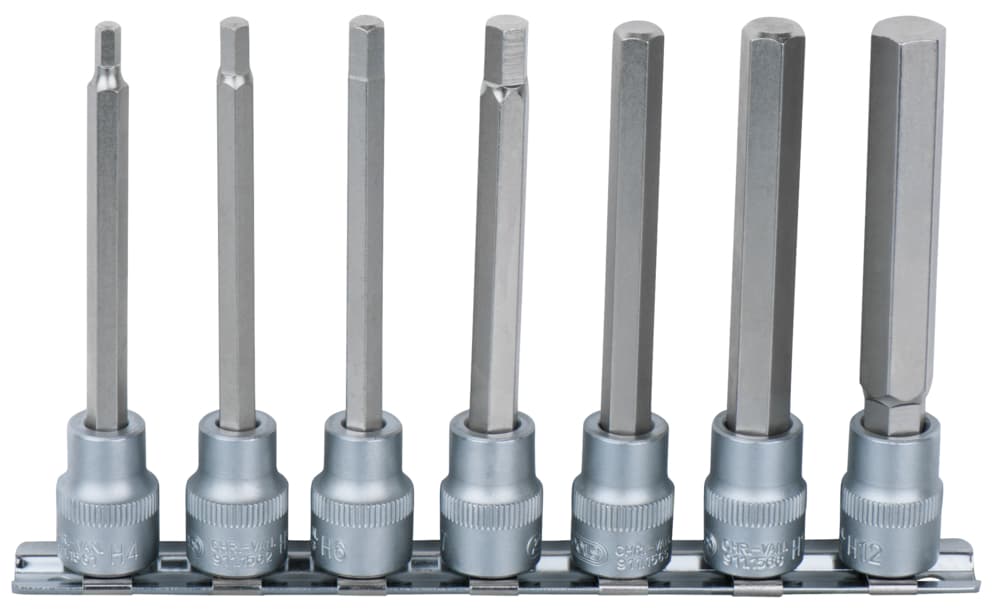 Rail de 7 douilles tournevis longues 6 pans 3-8''. 4 à 12 mm