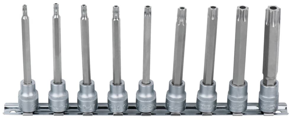 Rail de 9 douilles tournevis TORX® percé 3-8''. T20 à T60