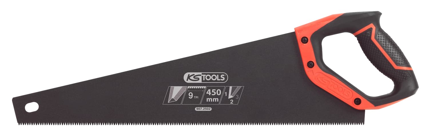 Scie égoine travaux de precision 450mm. 3 angles de coupe 9TPI. poignée bi-mat.