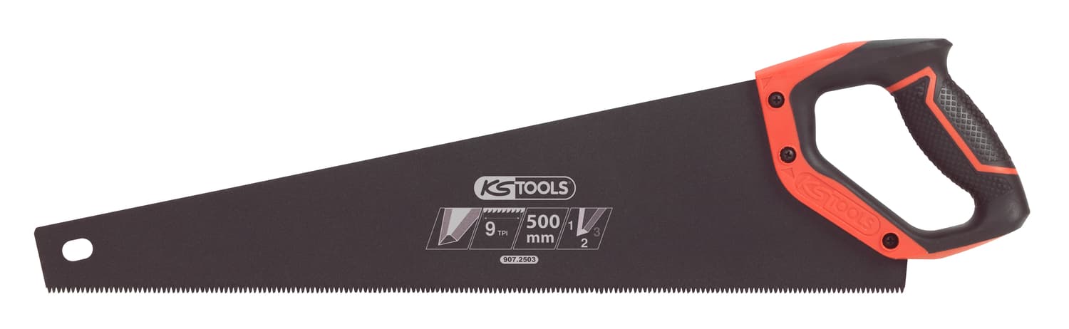 Scie egoine travaux courant 500mm. 3 angles de coupe 9TPI. poignée bi-matière