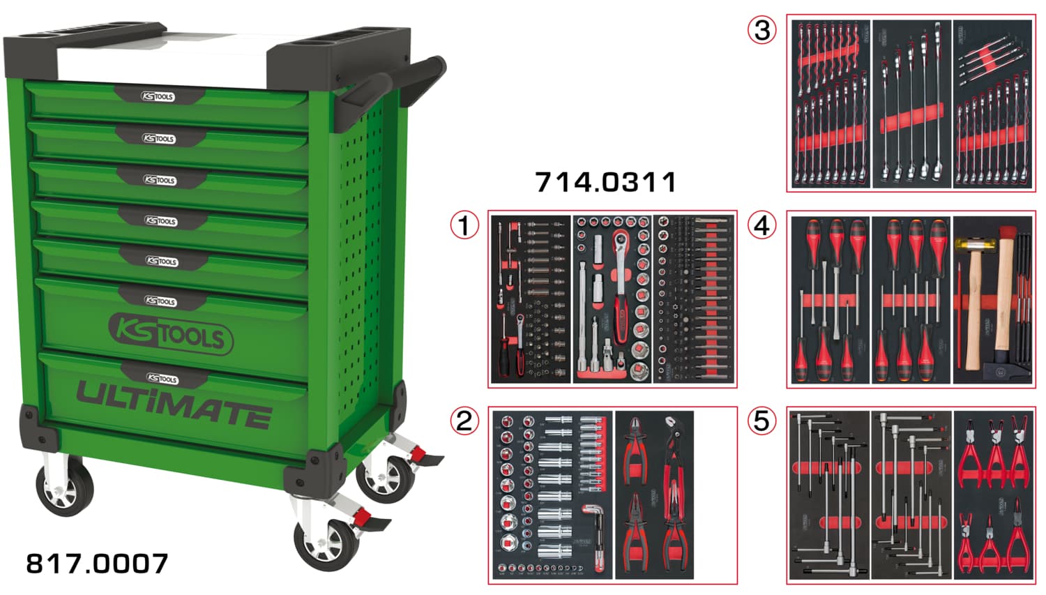 Servante ULTIMATE verte 7 tiroirs équipée de 311 outils