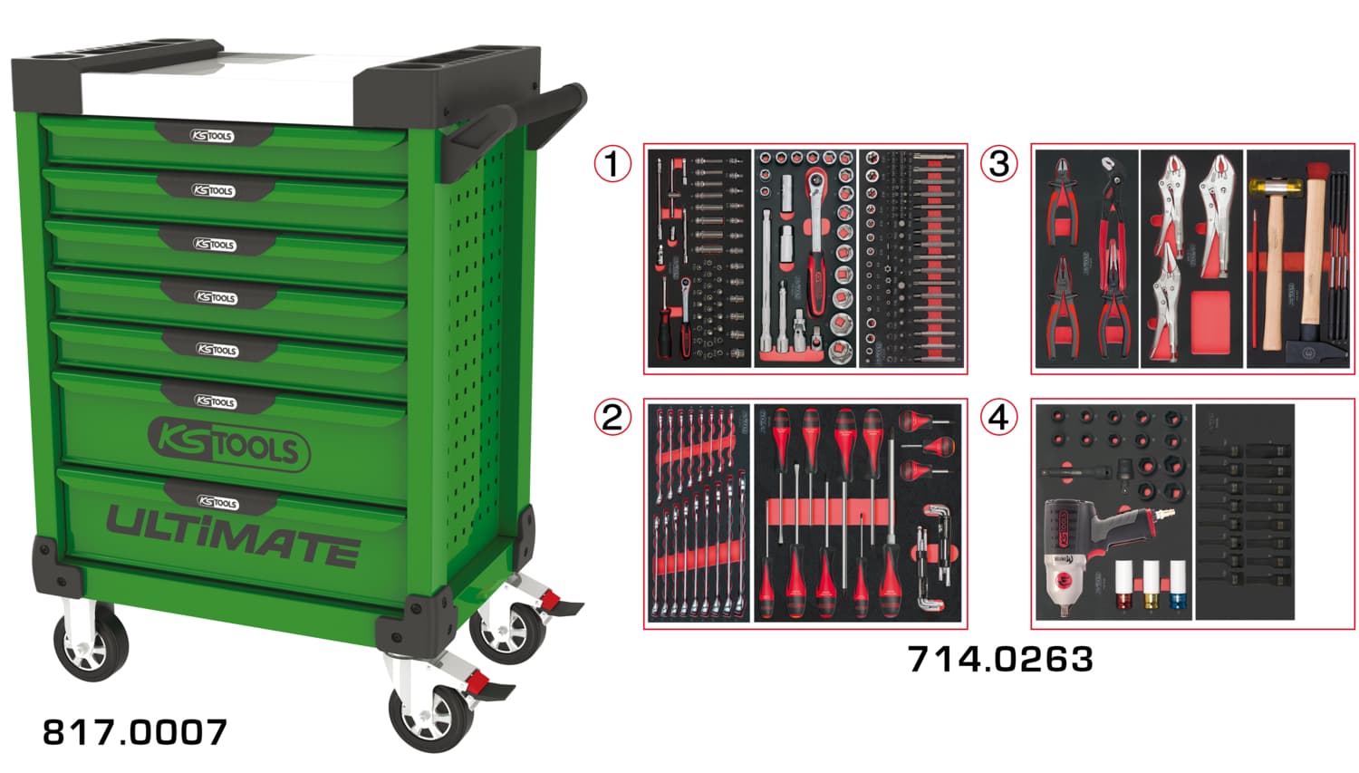 Servante ULTIMATE verte 7 tiroirs équipée de 263 outils