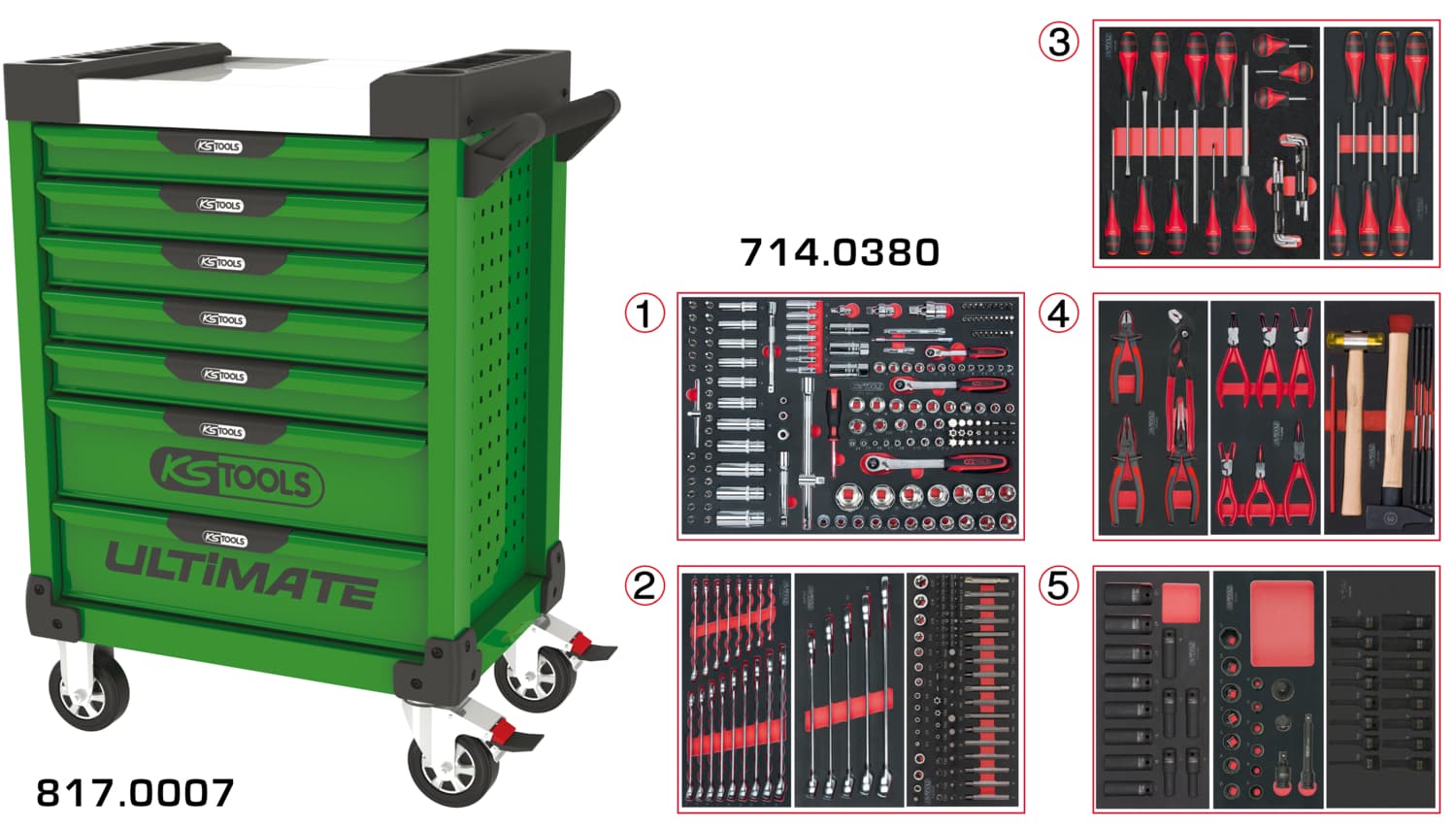 Servante ULTIMATE verte 7 tiroirs équipée de 384 outils