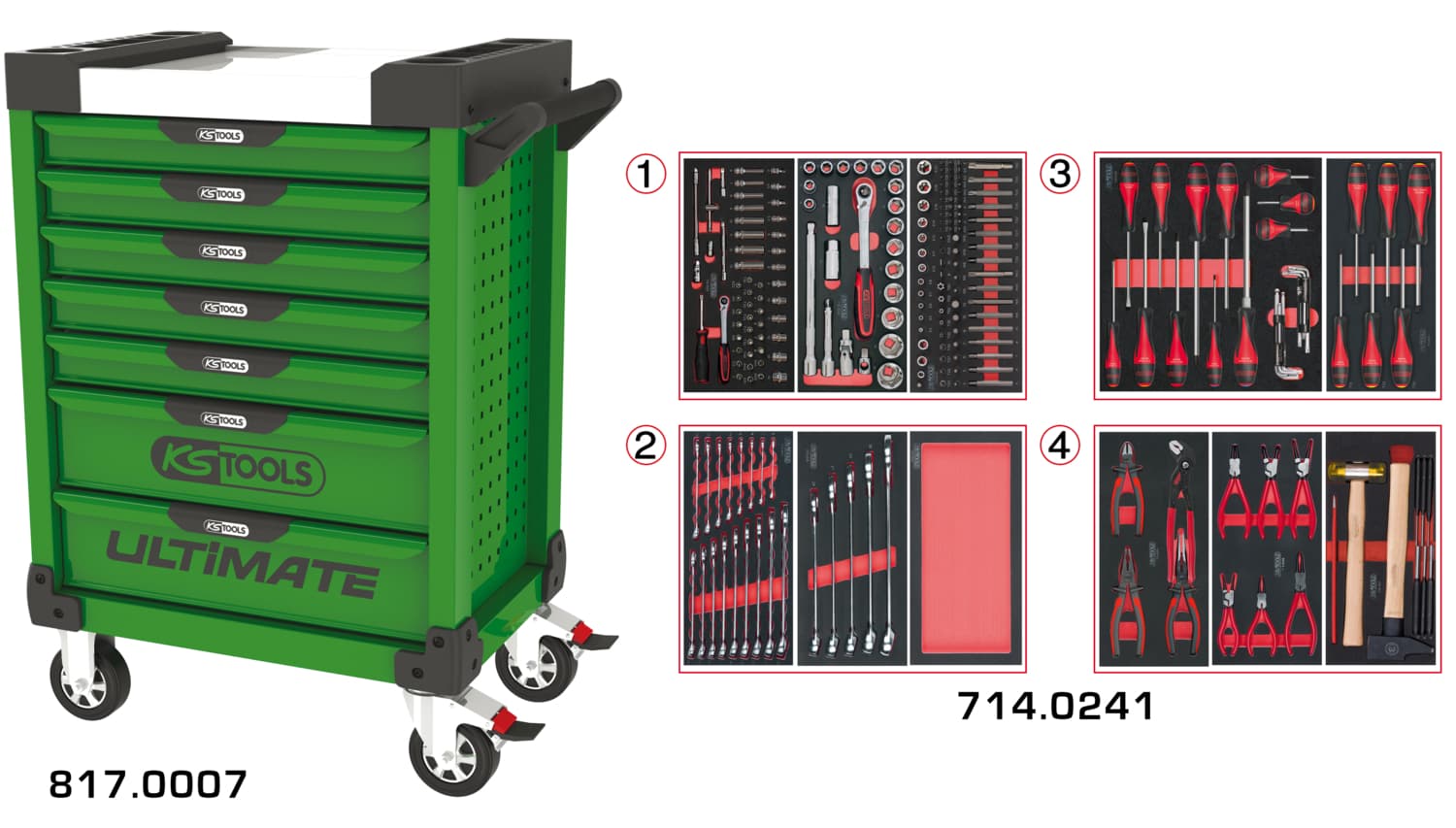 Servante ULTIMATE verte 7 tiroirs équipée de 241 outils