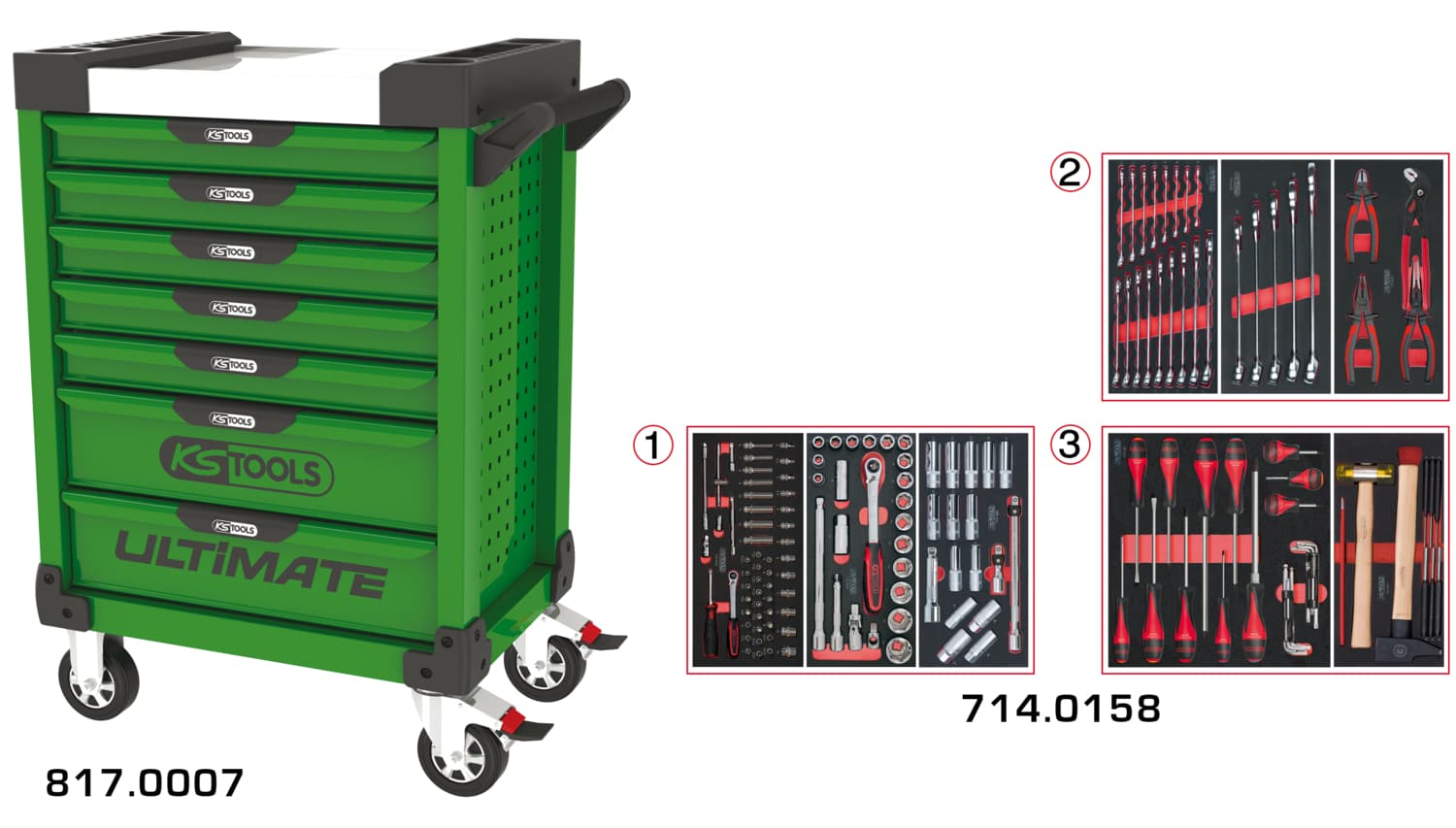 Servante ULTIMATE verte 7 tiroirs équipée de 158 outils