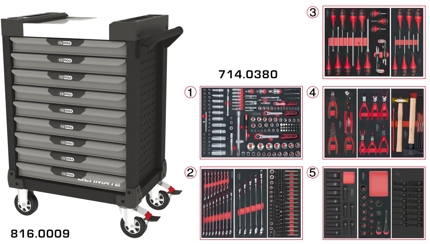 Servante ULTIMATE grise et noire 9 tiroirs équipée de 384 outils