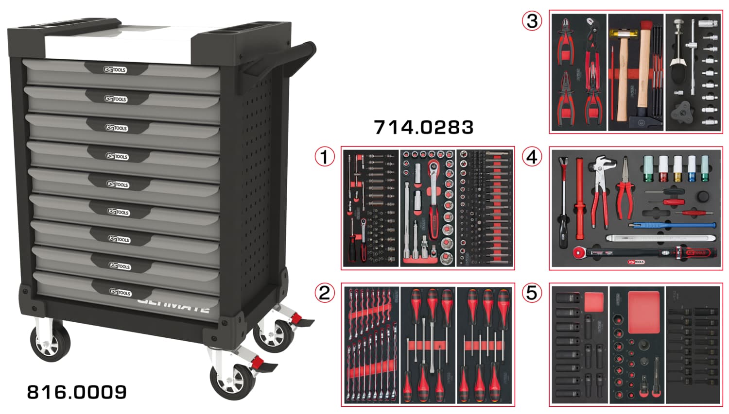 Servante ULTIMATE grise et noire 9 tiroirs équipée de 283 outils