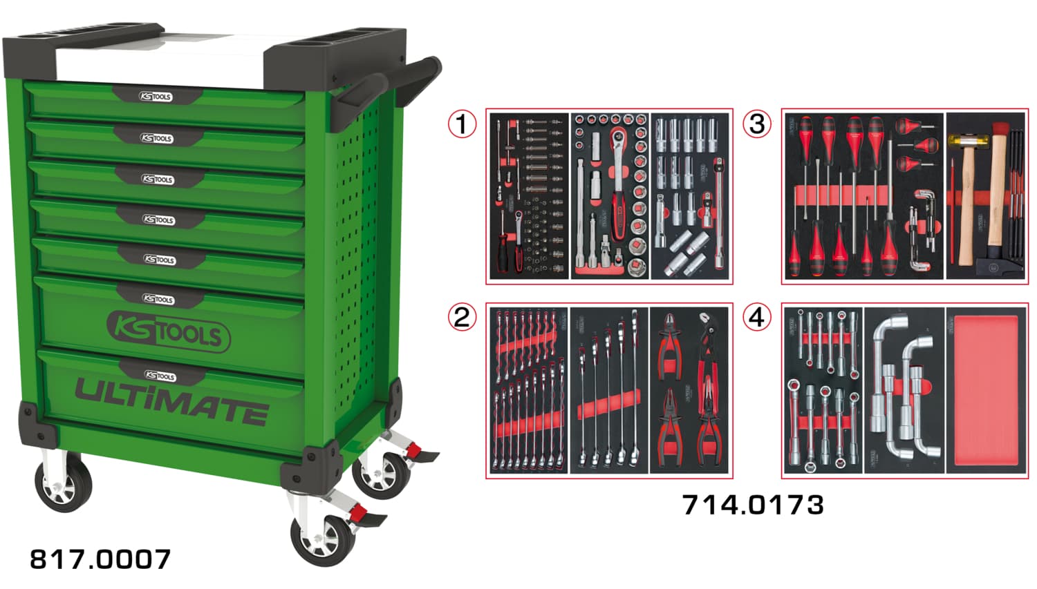 Servante ULTIMATE verte 7 tiroirs équipée de 173 outils