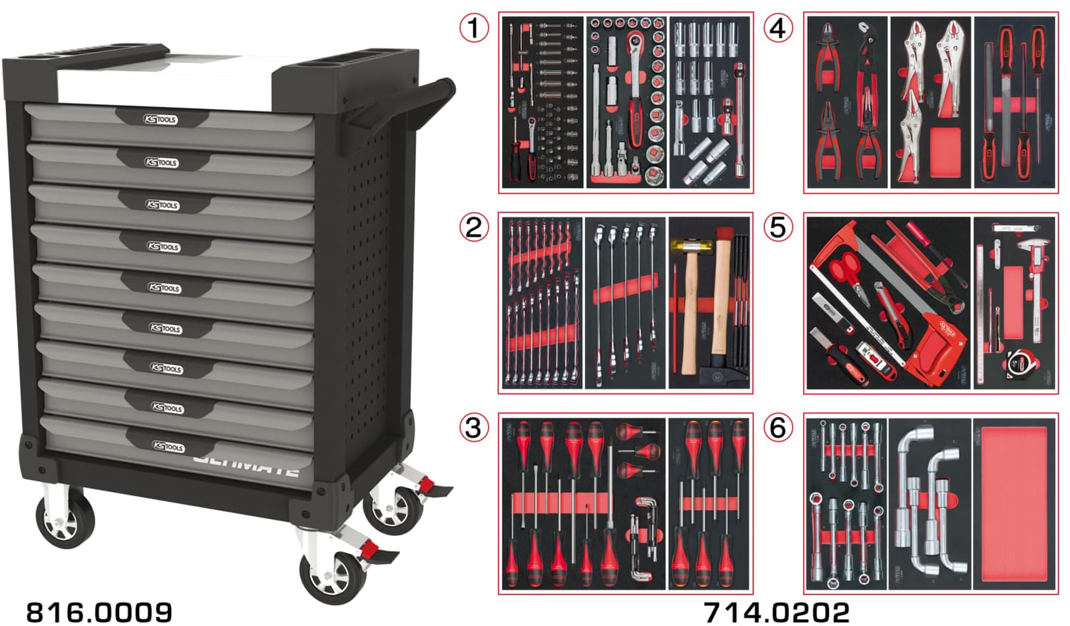 Servante ULTIMATE grise et noire 9 tiroirs équipée de 202 outils