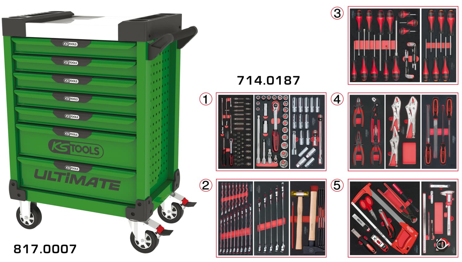 Servante ULTIMATE verte 7 tiroirs équipée de 187 outils