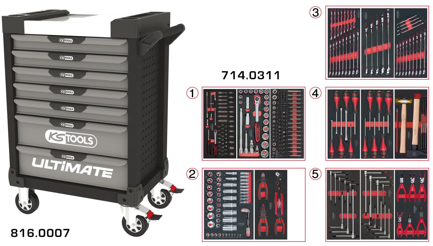 Servante ULTIMATE grise et noire 7 tiroirs équipée de 311 outils