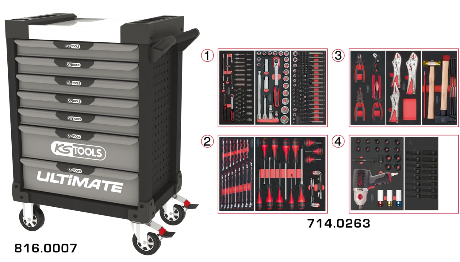 Servante ULTIMATE grise et noire 7 tiroirs équipée de 263 outils