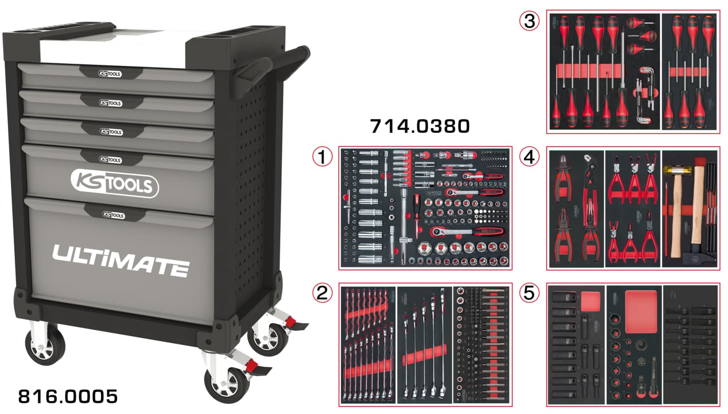 Servante ULTIMATE grise et noire 5 tiroirs équipée de 384 outils