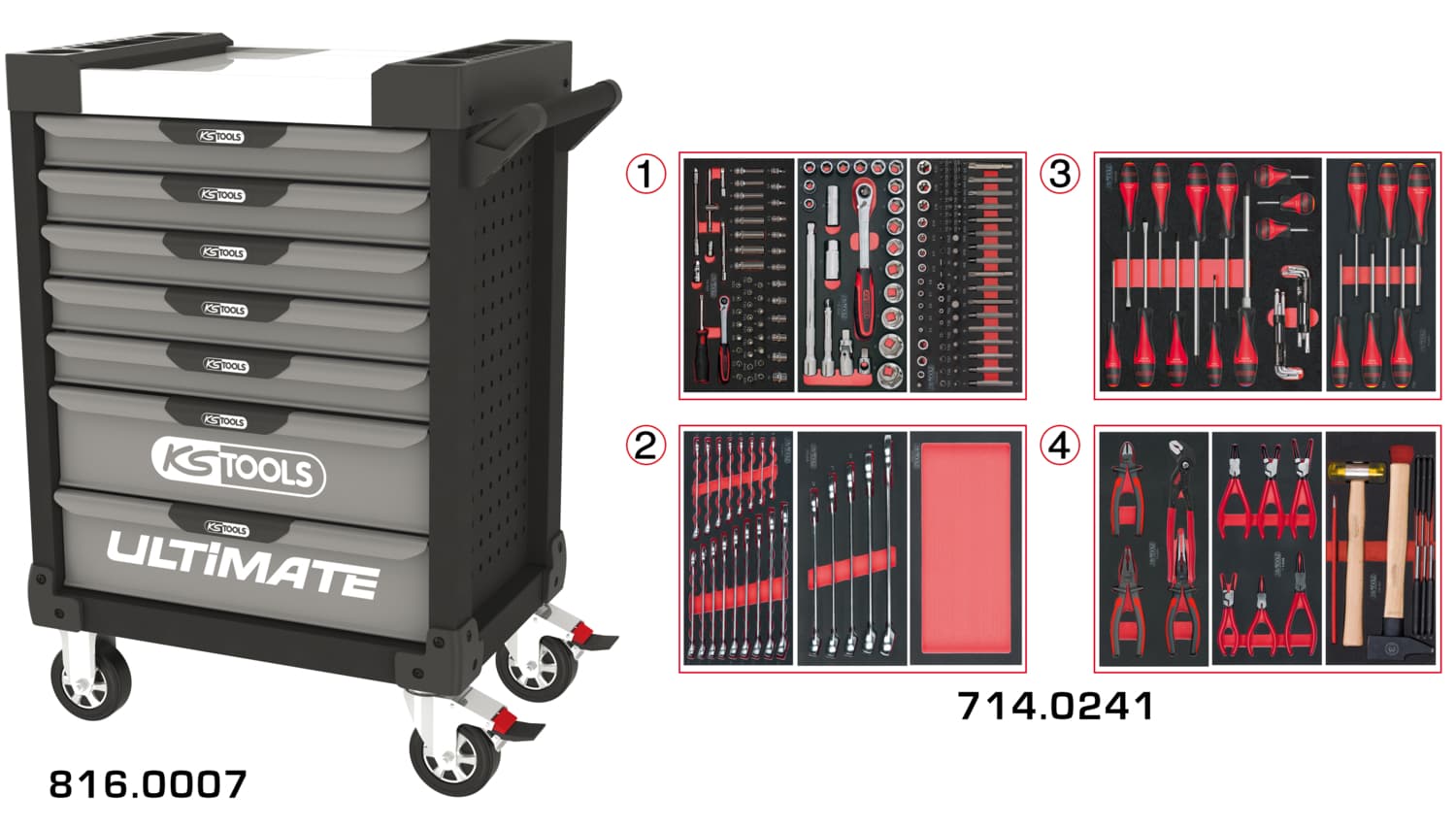 Servante ULTIMATE grise et noire 7 tiroirs équipée de 241 outils