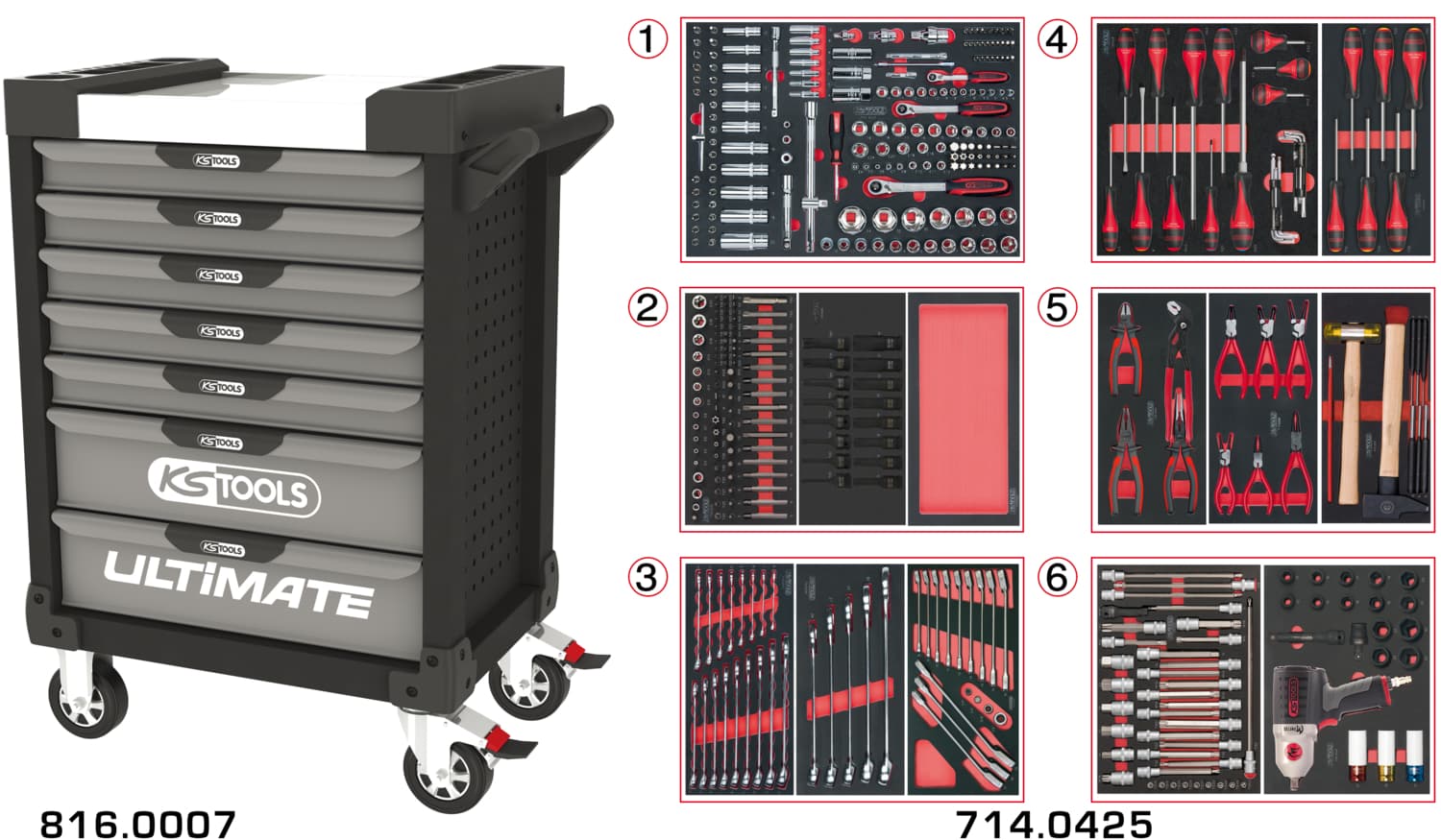Servante ULTIMATE grise et noire 7 tiroirs équipée de 429 outils