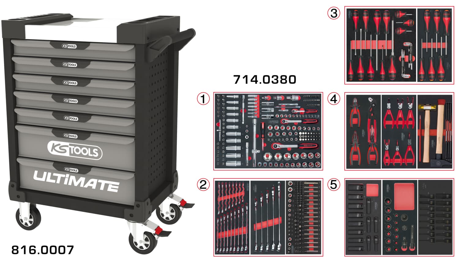 Servante ULTIMATE grise et noire 7 tiroirs équipée de 384 outils